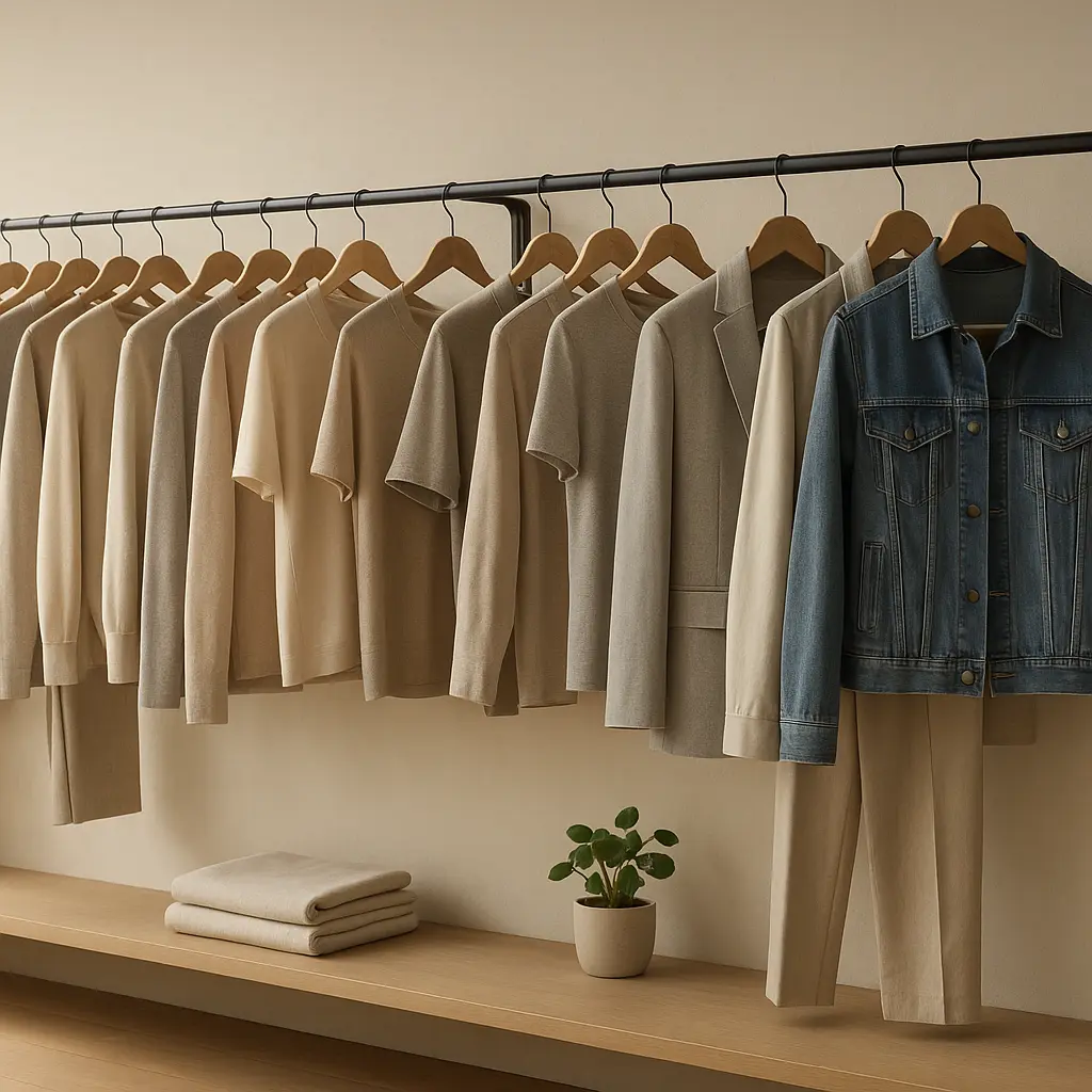 Übersichtliche Kleiderständer mit Damen- und Herrenbekleidung